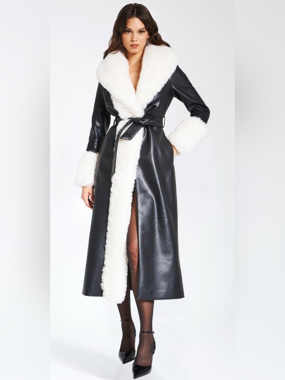 Faux-Leather Black Trench Coat with White Shearling Trim